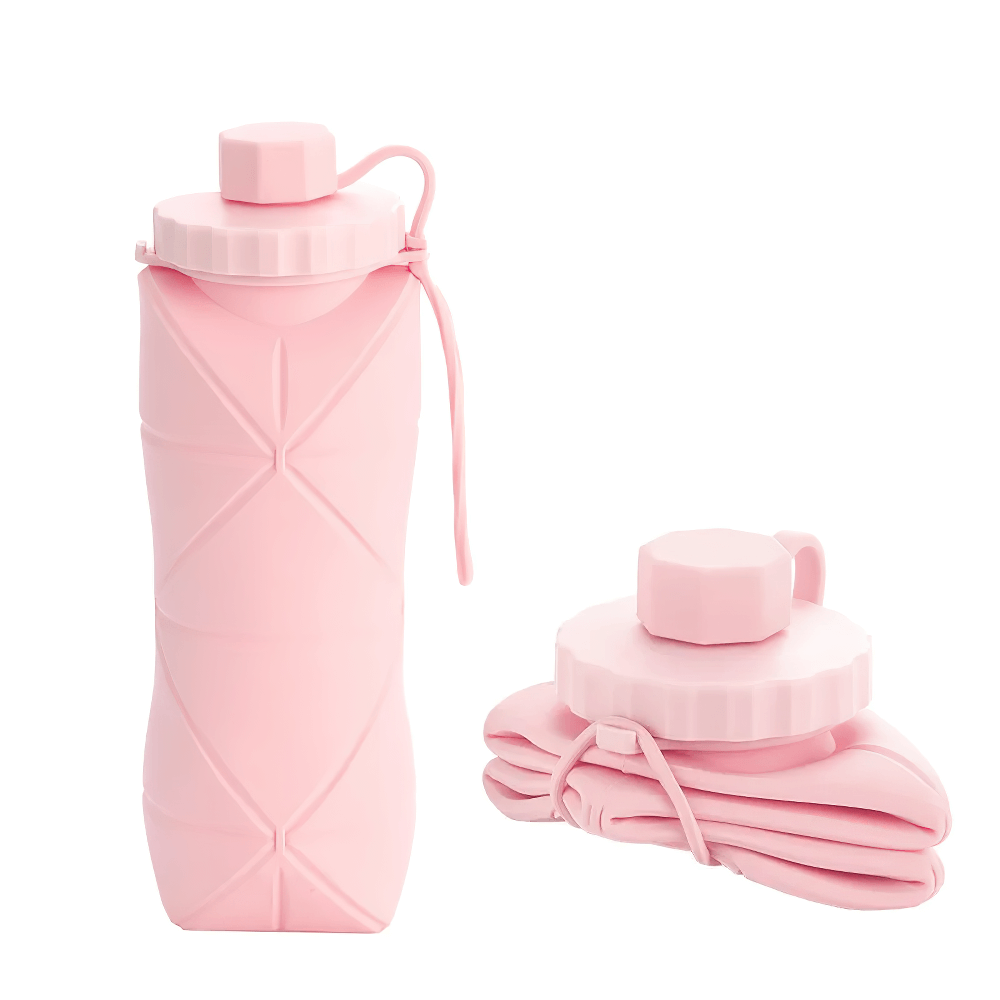 600ml Foldable Silicone Water Bottle for Gym - SF3486, pink bottle shown folded and expanded for outdoor sports. Leakproof, BPA-free.